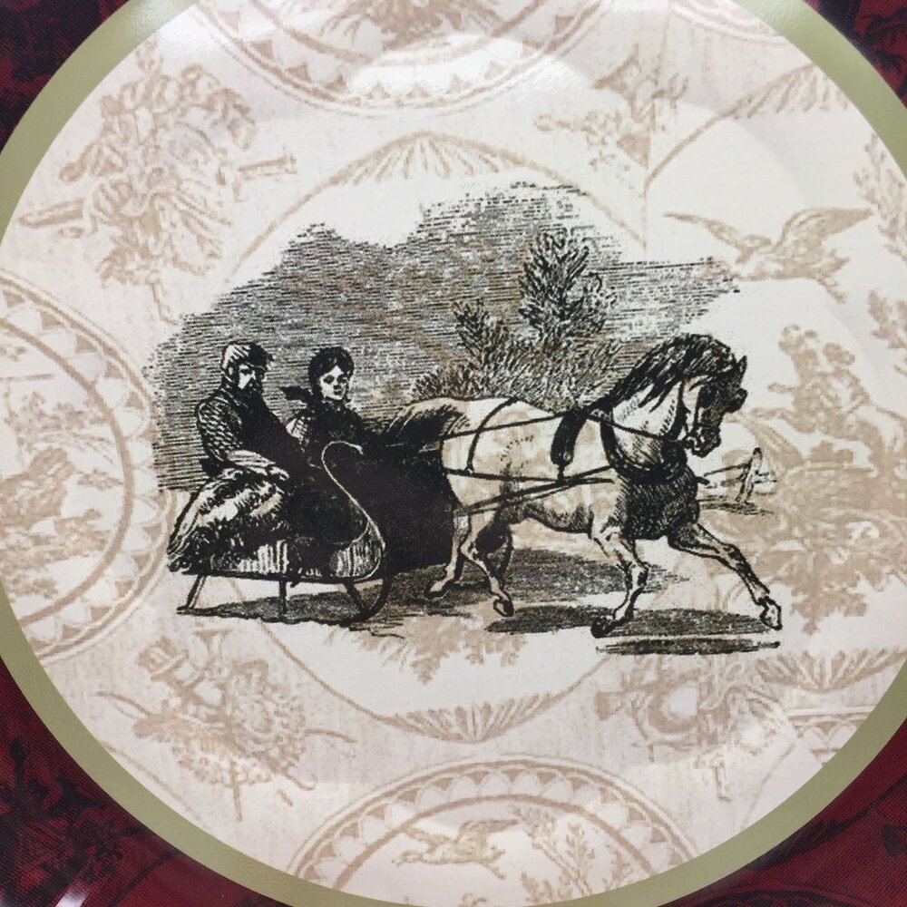 Holiday Inspirations 10.25" Tin Platter Christmas Holiday Red White Sleigh Ride